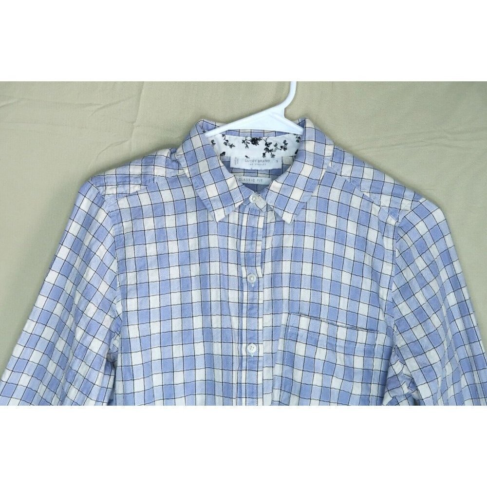 Lucky Brand Button Up Flannel Shirt Men's Small Blue White Plaid Long Sleeves - Picture 2 of 9